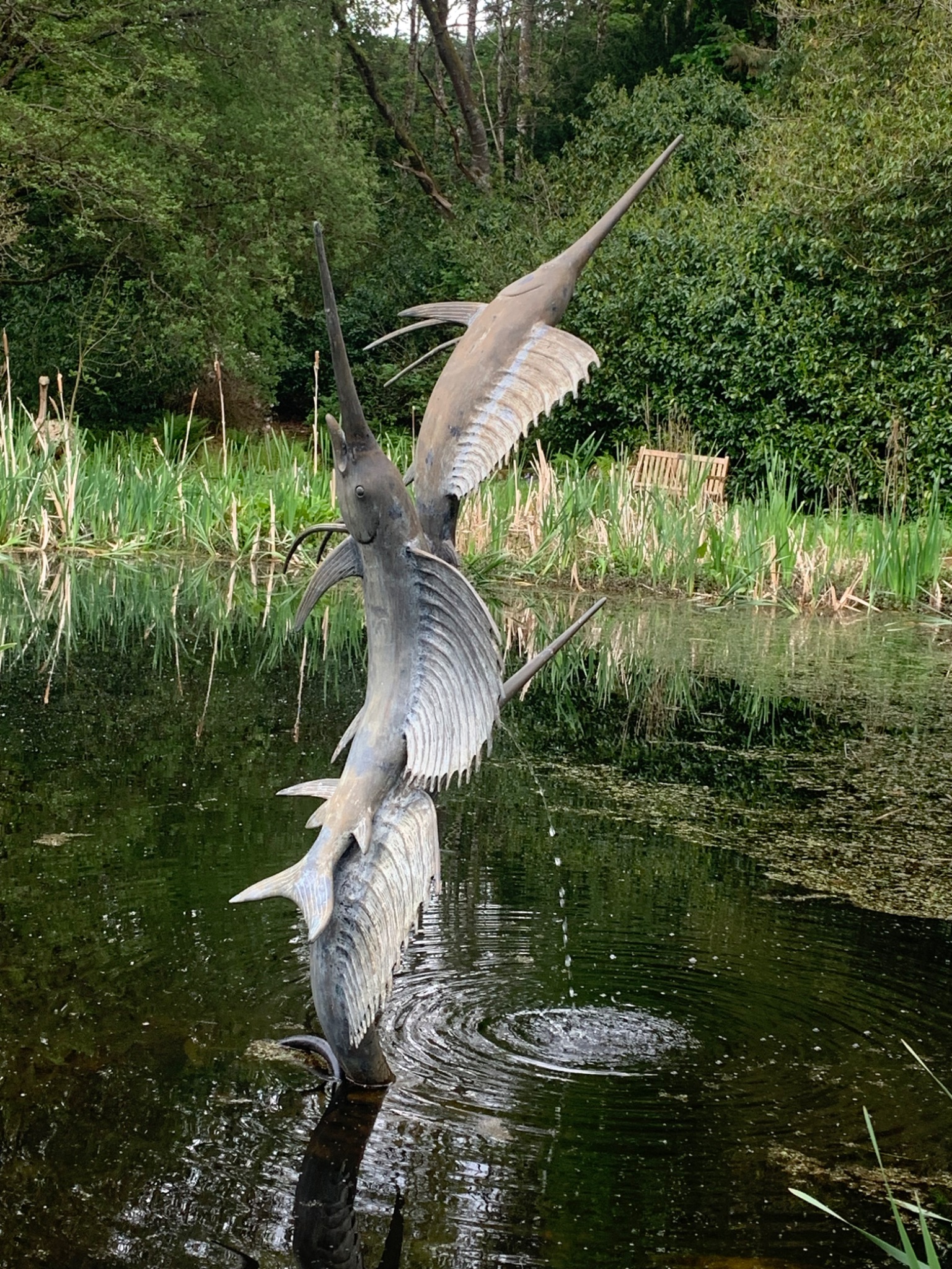 A bronze fountain of a Marlin